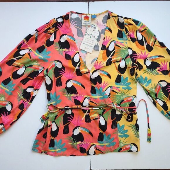 NWT FARM Rio Tropical Toucan Rainbow Chic Feminine Wrap Blouse  Size Small - Picture 5 of 10